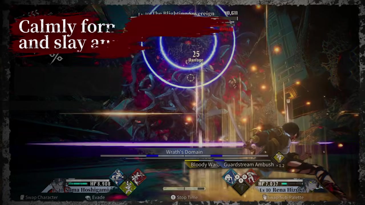 Dual character skill palettes with colored icons and Stop Time prompt