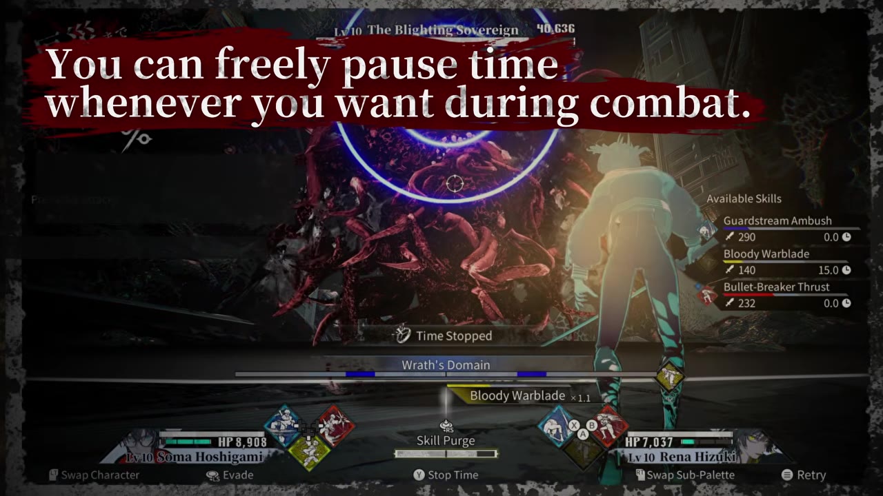Combat HUD with Time Stopped indicator and dual protagonist palettes